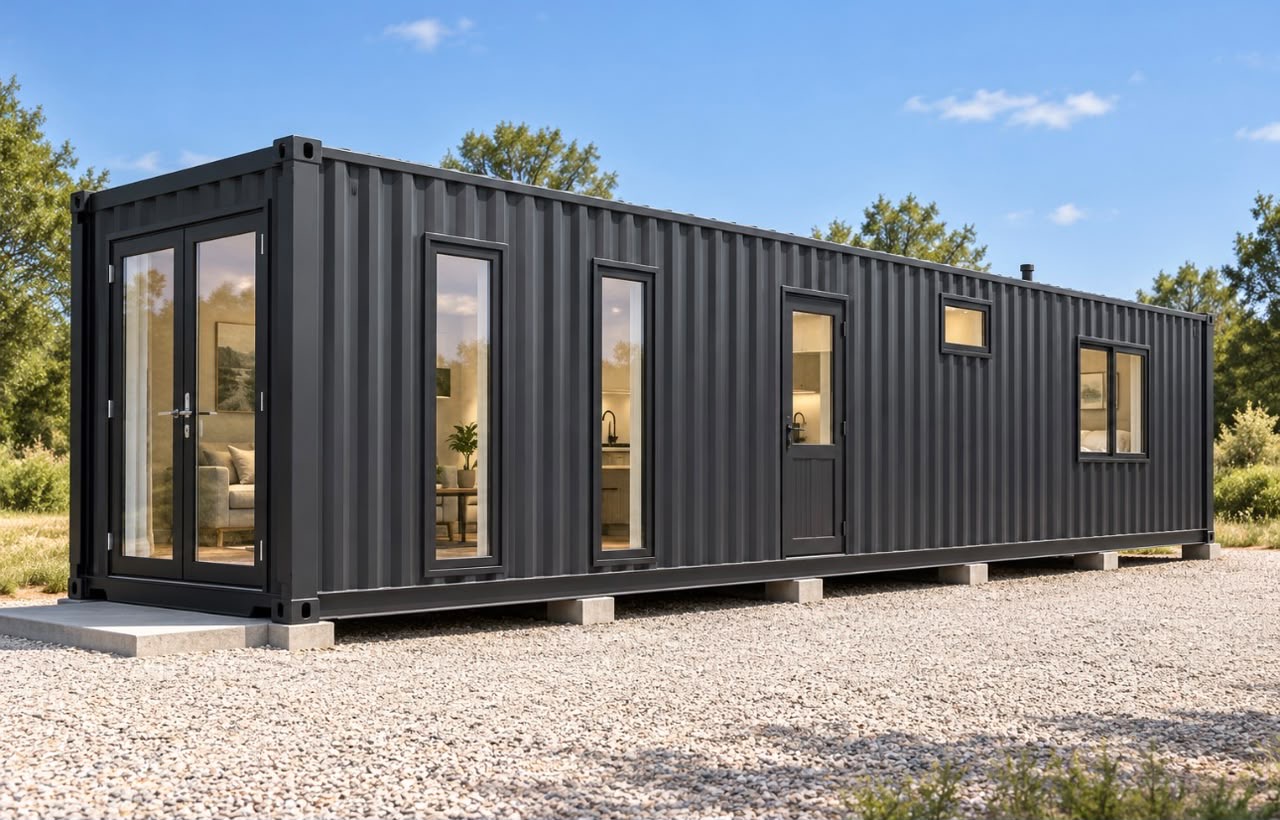 40ft Charcoal Haven One-Bedroom Container Home 40ft Charcoal Haven One-Bedroom Container Home — Front three-quarter exterior with glazed end entry and long-side openings