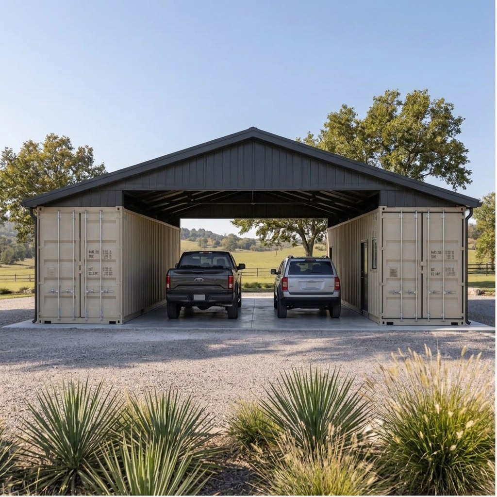 Outback RanchSpan 40 Twin-Bay Garage System — Rear three-quarter exterior Outback RanchSpan 40 Twin-Bay Garage System — rear three-quarter exterior showing the catalog configuration