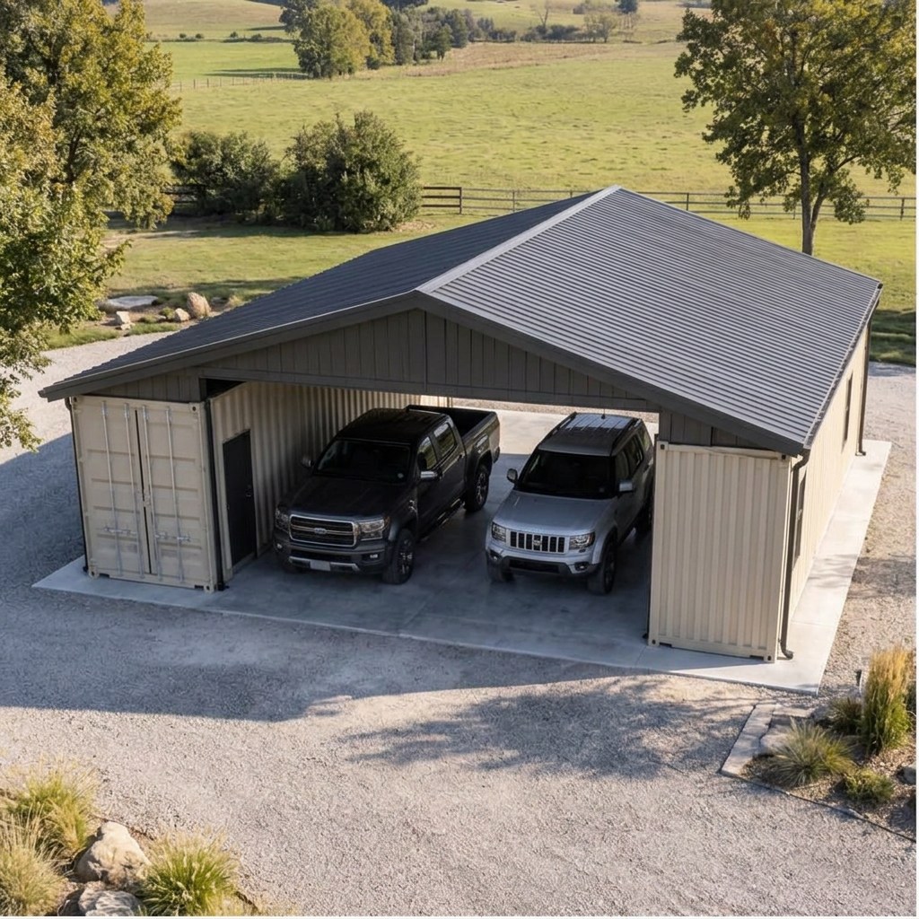 Outback RanchSpan 40 Twin-Bay Garage System — Elevated roof and footprint Outback RanchSpan 40 Twin-Bay Garage System — elevated roof and footprint showing the catalog configuration