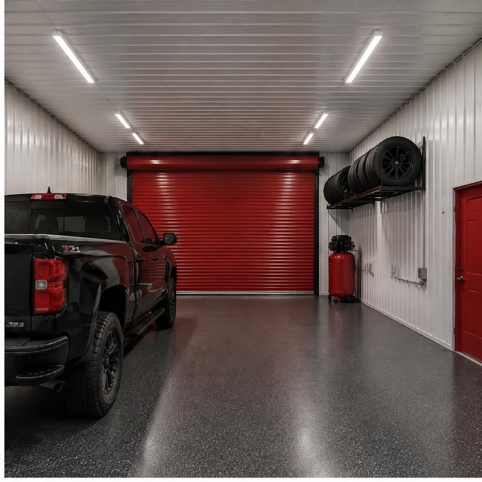 Outback Summit 40 High-Cube Performance Garage — Interior toward vehicle door Outback Summit 40 High-Cube Performance Garage — interior toward vehicle door showing the catalog configuration