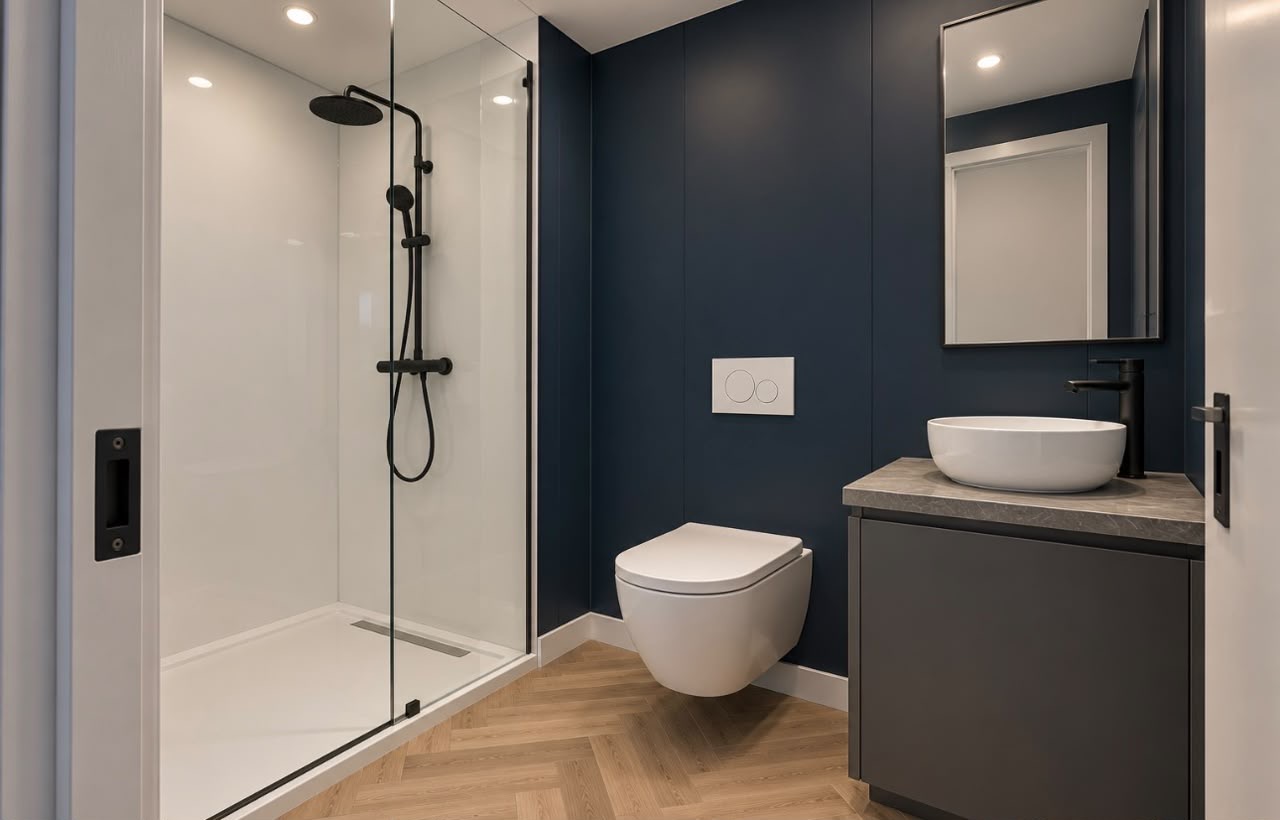 40ft Charcoal Haven One-Bedroom Container Home | Bathroom with glazed shower, wall-hung toilet and vessel basin 40ft Charcoal Haven One-Bedroom Container Home — Bathroom with glazed shower, wall-hung toilet and vessel basin