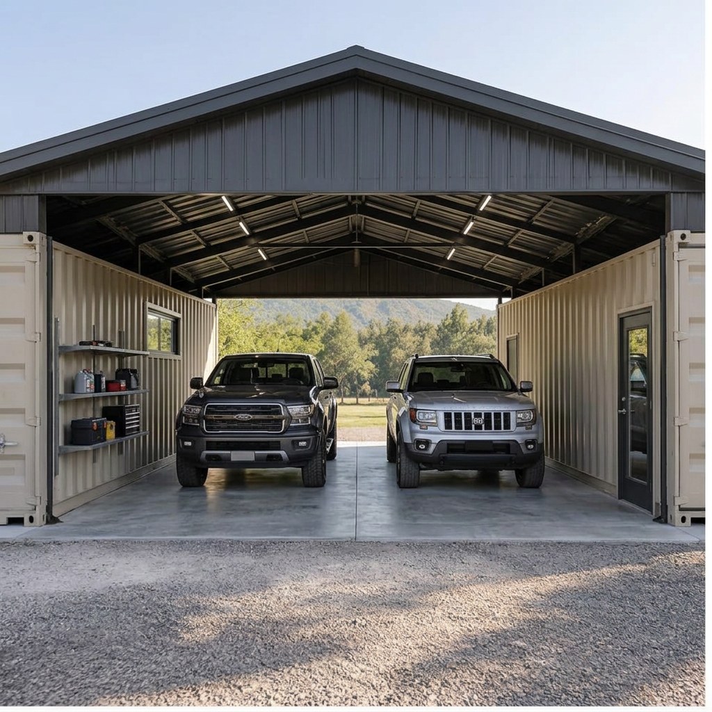 Outback RanchSpan 40 Twin-Bay Garage System — Interior toward vehicle door Outback RanchSpan 40 Twin-Bay Garage System — interior toward vehicle door showing the catalog configuration