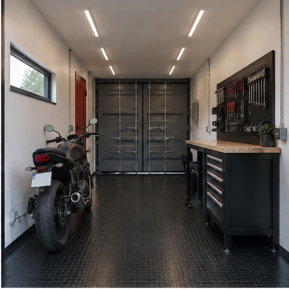 Outback Forge 20 Insulated Workshop Garage — Interior toward vehicle door Outback Forge 20 Insulated Workshop Garage — interior toward vehicle door showing the catalog configuration