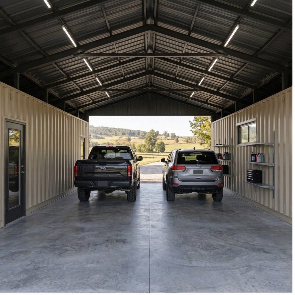 Outback RanchSpan 40 Twin-Bay Garage System — Complete interior overview Outback RanchSpan 40 Twin-Bay Garage System — complete interior overview showing the catalog configuration