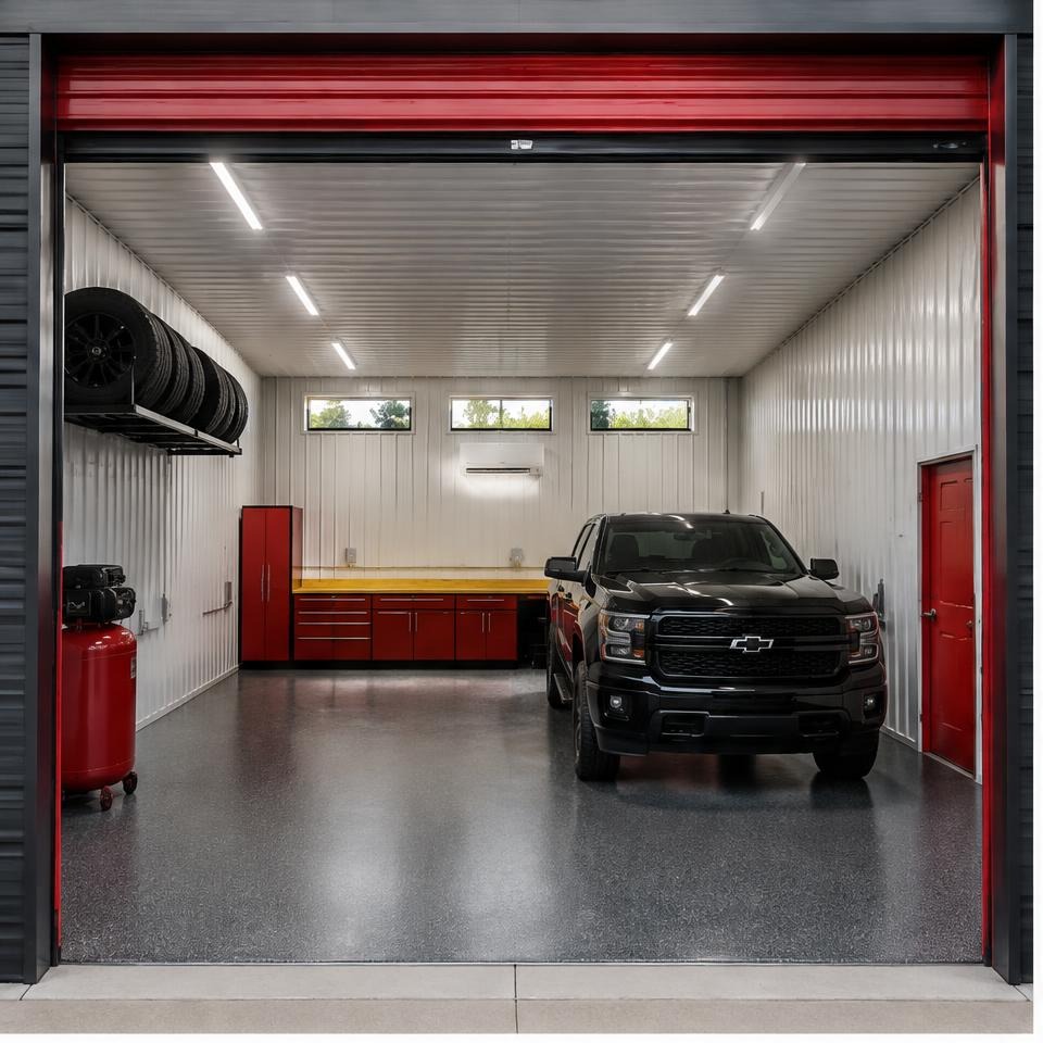 Outback Summit 40 High-Cube Performance Garage — Interior from primary entrance Outback Summit 40 High-Cube Performance Garage — interior from primary entrance showing the catalog configuration