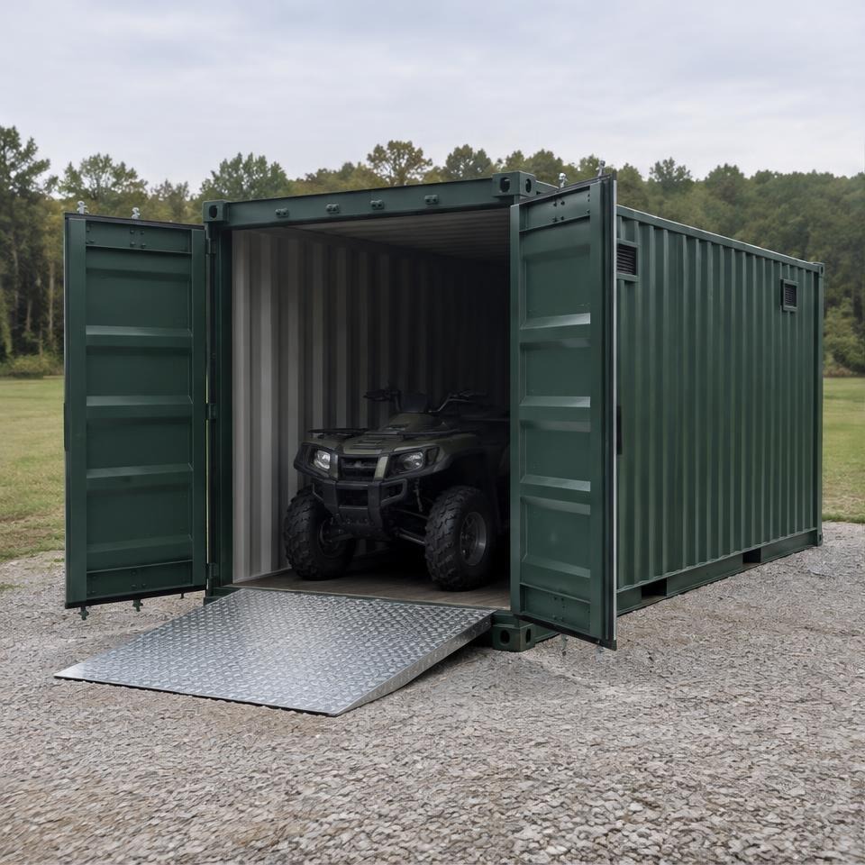 Outback Ridge 20 Compact Equipment Garage — front three-quarter exterior showing the catalog configuration