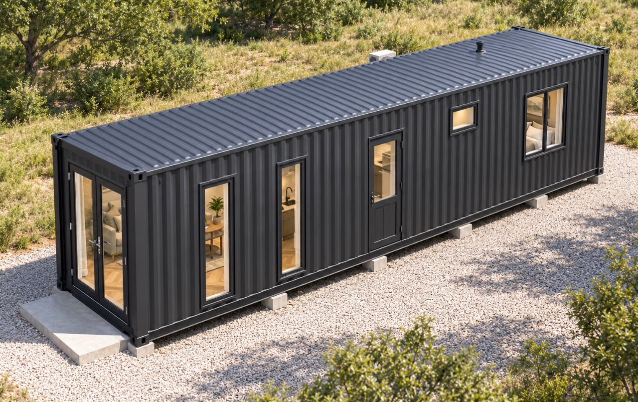 40ft Charcoal Haven One-Bedroom Container Home | Elevated exterior showing the corrugated roof and primary facade 40ft Charcoal Haven One-Bedroom Container Home — Elevated exterior showing the corrugated roof and primary facade