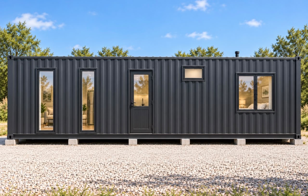 40ft Charcoal Haven One-Bedroom Container Home | Primary long-side elevation with tall windows and glazed side entry 40ft Charcoal Haven One-Bedroom Container Home — Primary long-side elevation with tall windows and glazed side entry