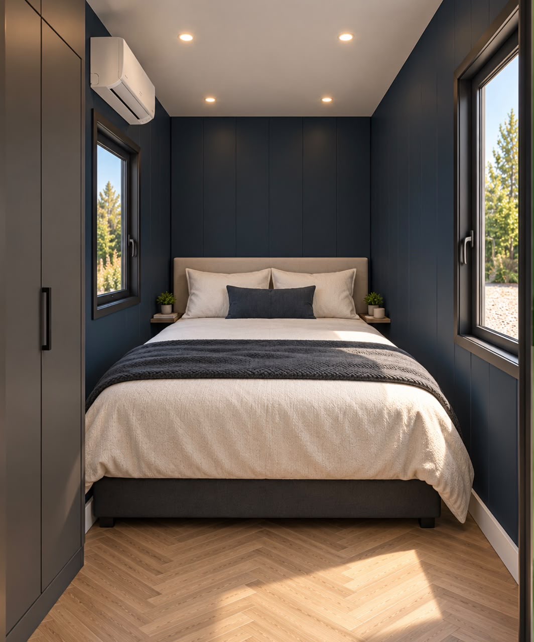 40ft Charcoal Haven One-Bedroom Container Home | Rear bedroom with paired side windows and tall storage 40ft Charcoal Haven One-Bedroom Container Home — Rear bedroom with paired side windows and tall storage