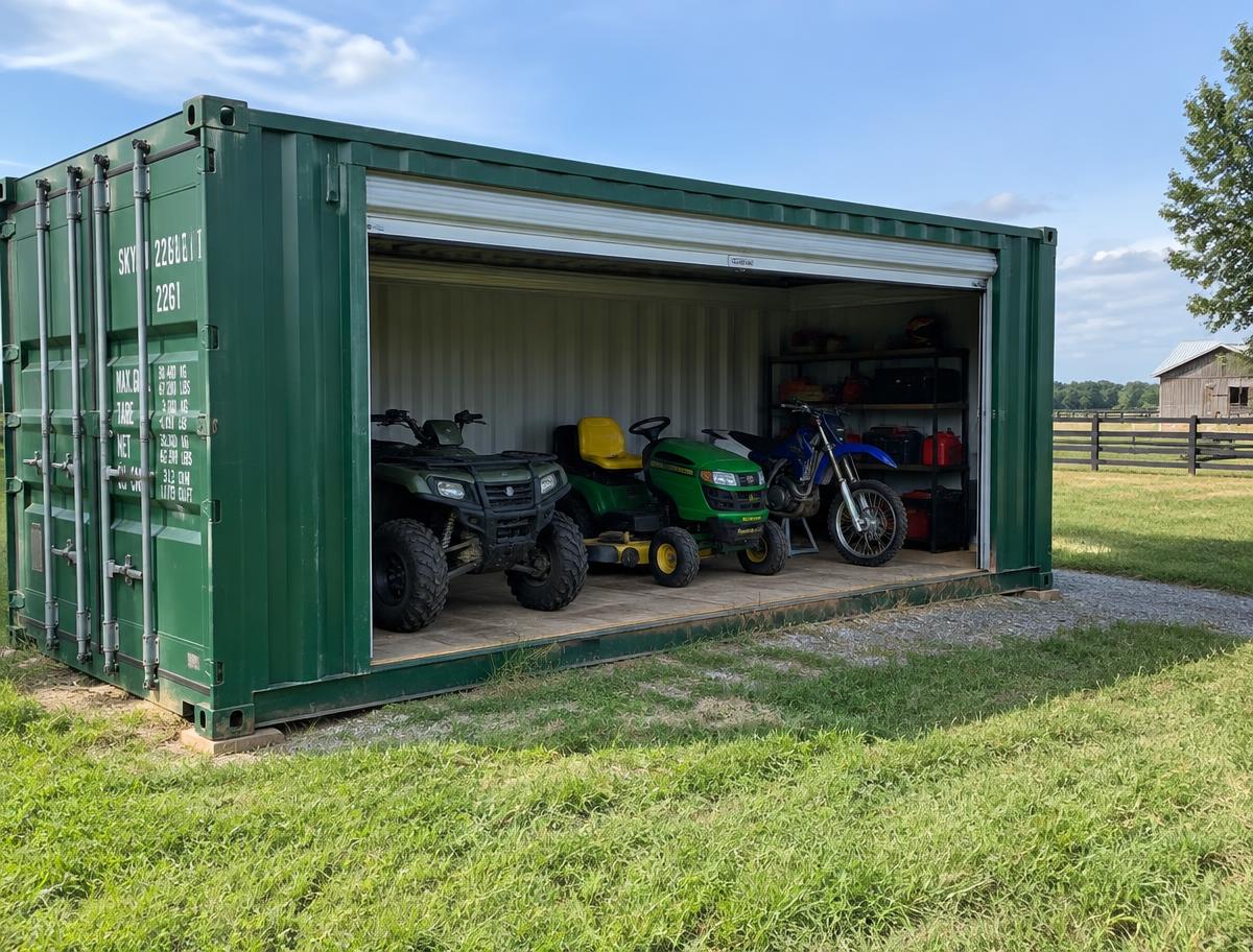 20ft green shipping container with side roll-up door storing an ATV, riding mower and dirt bike