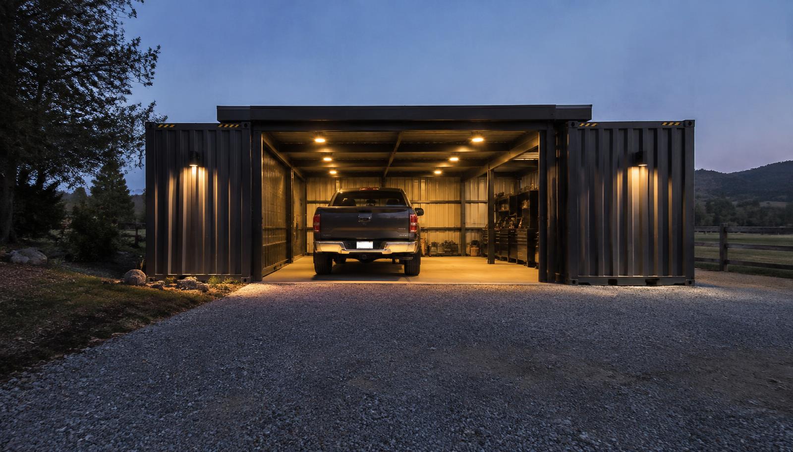 Two-bay shipping container garage with steel roof span and pickup truck parked inside at dusk