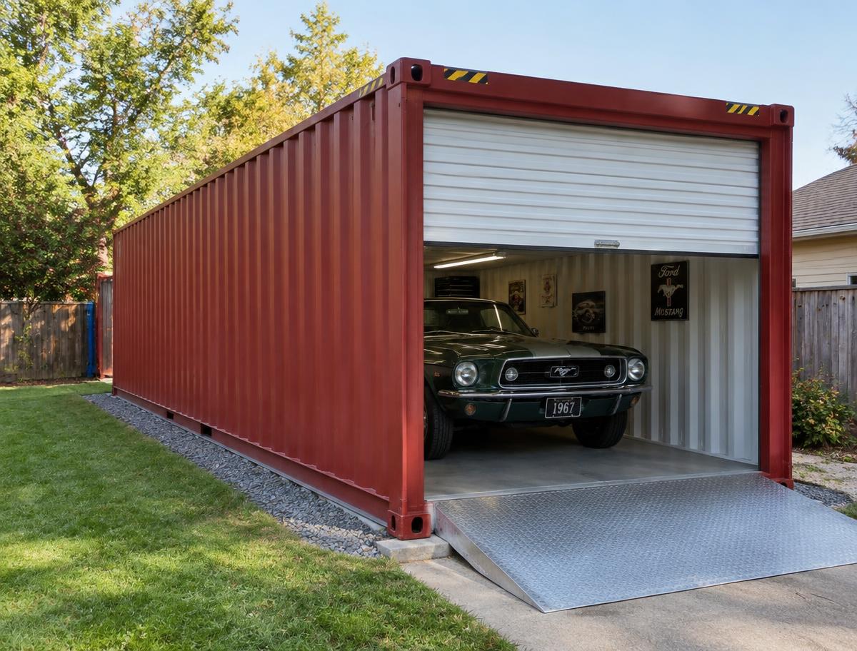 Red 40ft shipping container garage with white roll-up door, steel drive-over ramp and classic car inside