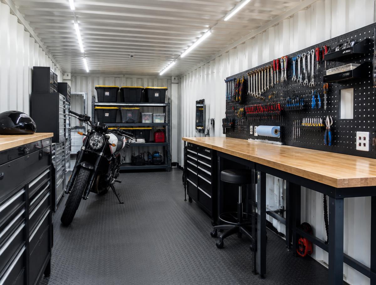 Insulated shipping container workshop interior with LED lights, workbench, pegboard tool wall and motorcycle