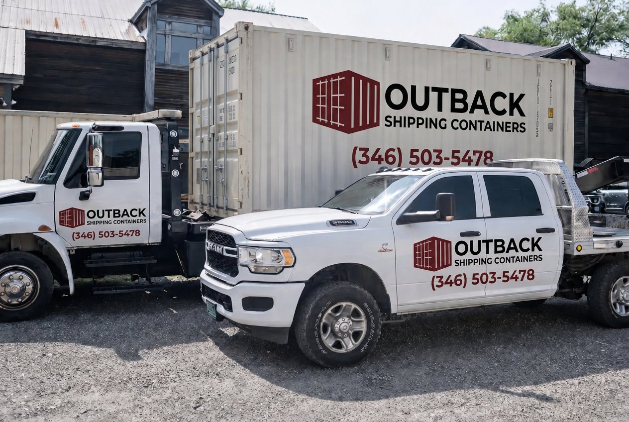 Outback Shipping Containers delivery fleet — branded flatbed truck and Ram 3500 pickup parked beside a 20ft shipping container at the company yard